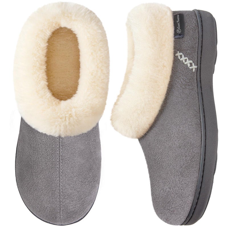 EverFoams Women's Microsuede Cozy Memory Foam Winter Slippers with Fuzzy Faux Fur Collar and Indoor Outdoor Rubber Sole (Gray, Size 9-10 M US) - Image 1